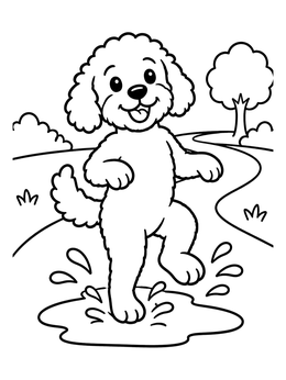 Free printable Playful Labradoodle Splashing In A Puddle coloring page