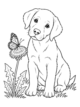 A cute puppy in this labrador retriever coloring page watches a butterfly on a dandelion.