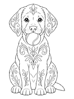 An ornate labrador retriever coloring page featuring a sitting puppy holding a tennis ball.