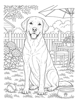 A friendly dog sits outdoors in this labrador retriever coloring page.