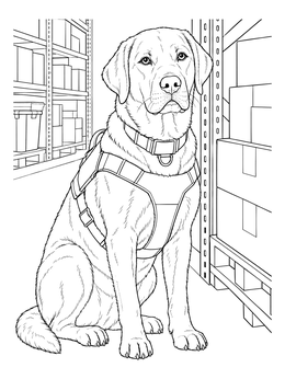 A sitting Labrador detector dog in a police dog coloring page inside a warehouse.