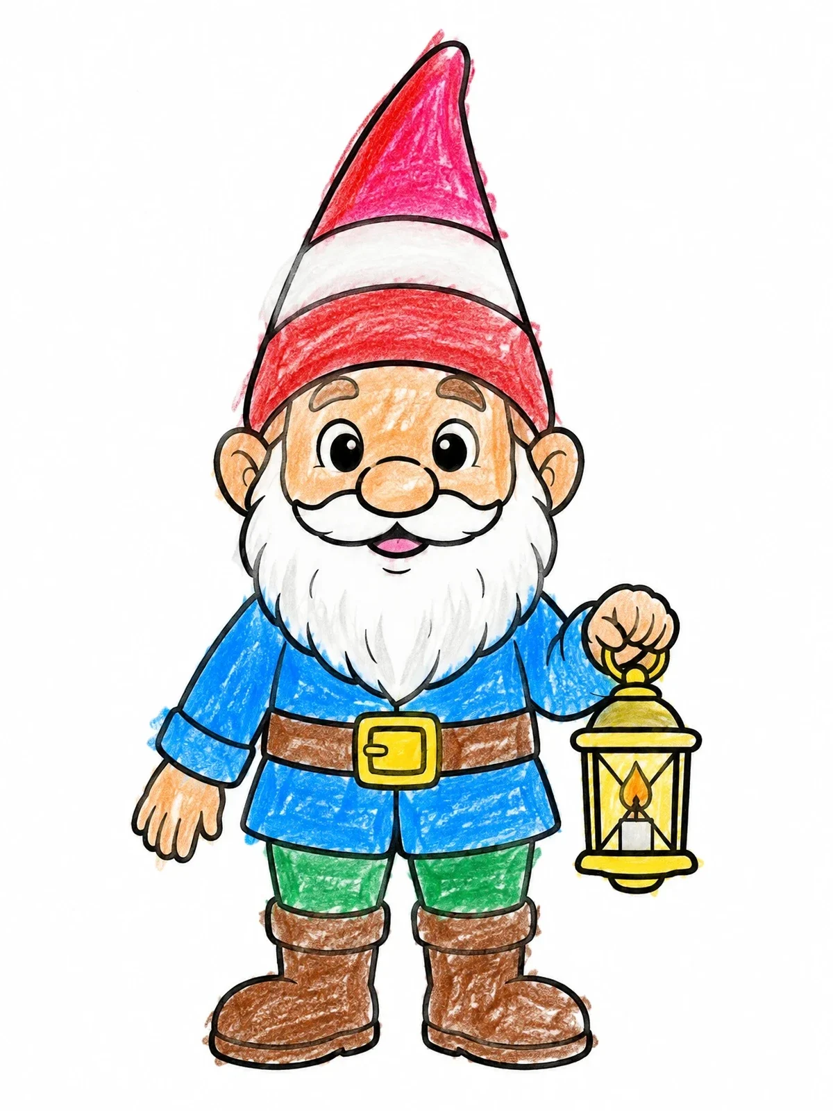 Colored example of the Cheerful Garden Gnome With Lantern coloring page