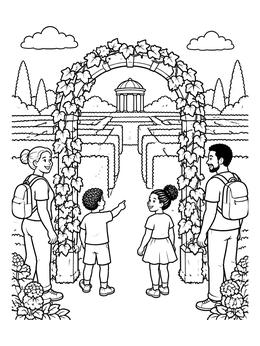 Free printable Family At The Garden Labyrinth Entrance coloring page
