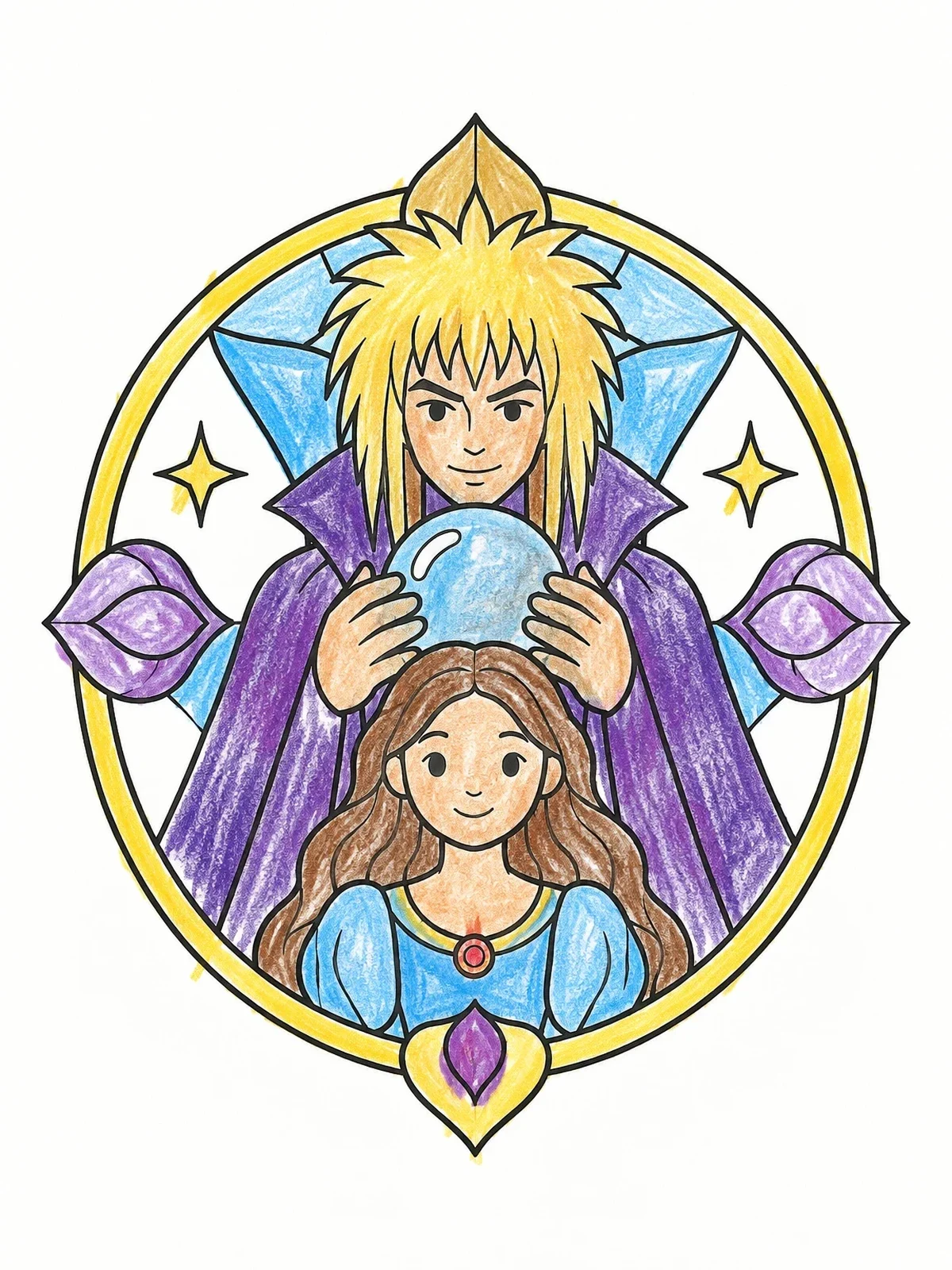 Colored example of the Goblin King And Sarah Fantasy Portrait coloring page