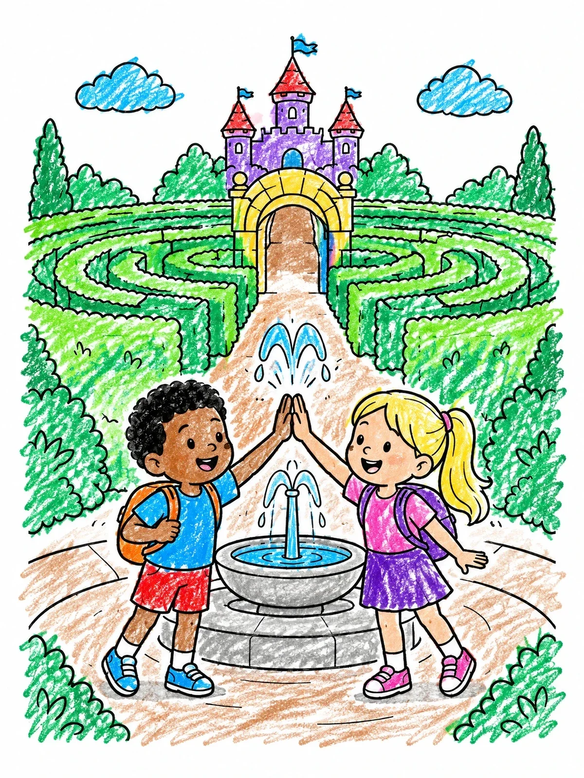 Colored example of the High Five At The Castle Maze Fountain coloring page