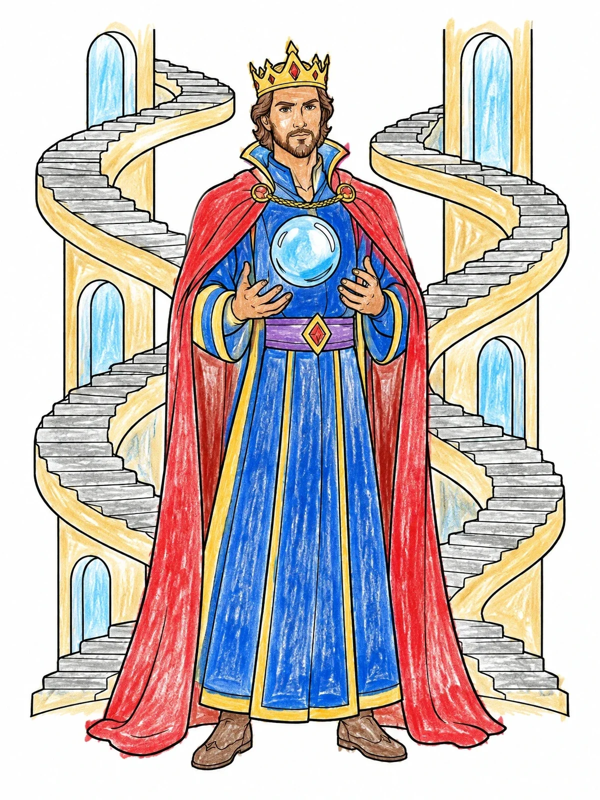 Colored example of the King With Crystal Orb And Spiral Stairs coloring page