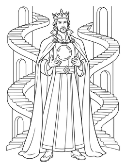 Free printable King With Crystal Orb And Spiral Stairs coloring page