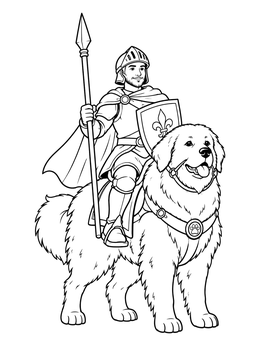 Free printable Knight Riding Fluffy Dog Steed coloring page