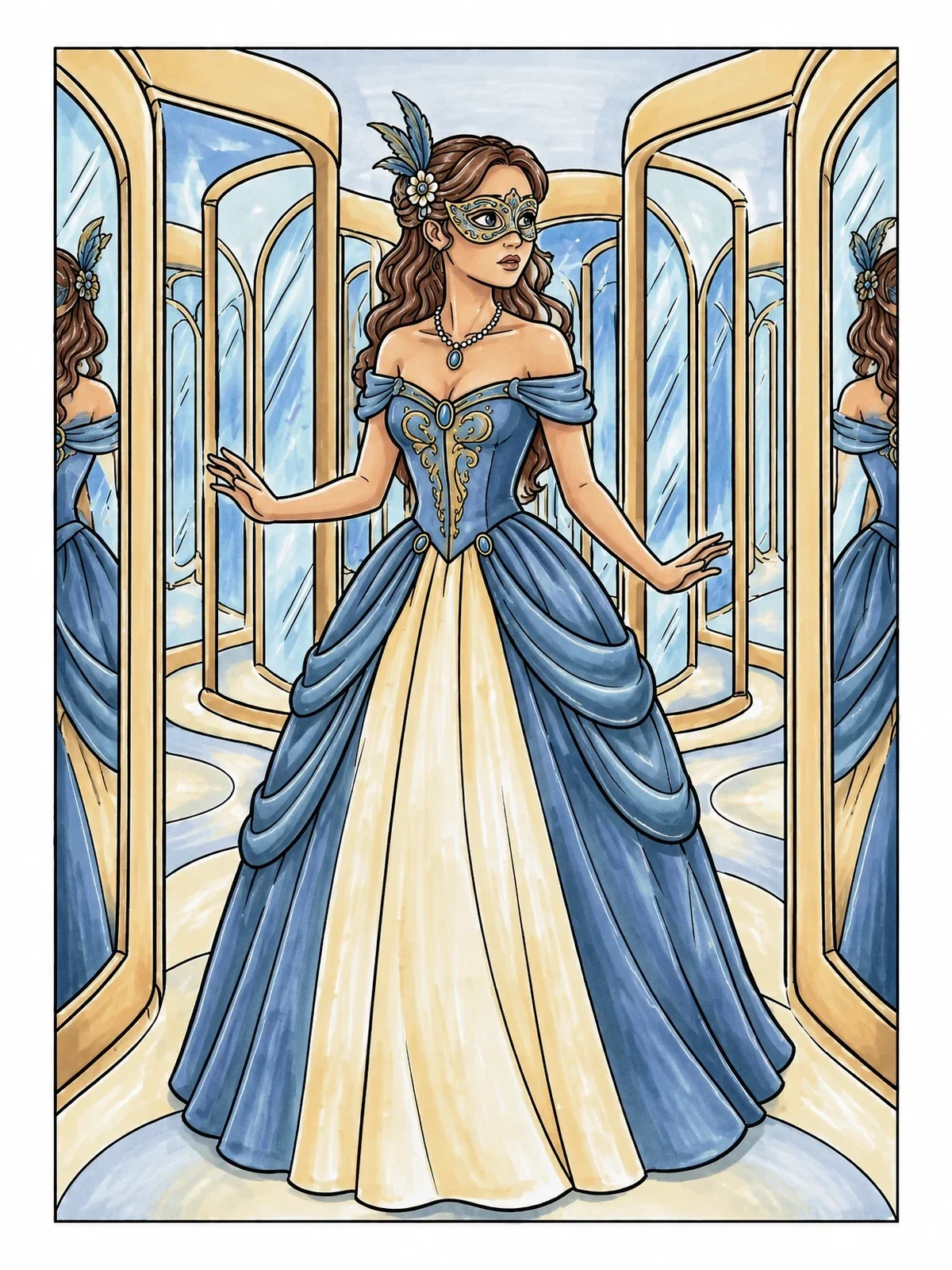 Colored example of the Masquerade Lady In Mirror Maze coloring page