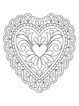 Intricate lace heart coloring page with symmetrical filigree borders and floral swirls.