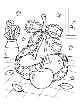 Free printable Lace Ribbon Bow With Sweet Cherries coloring page
