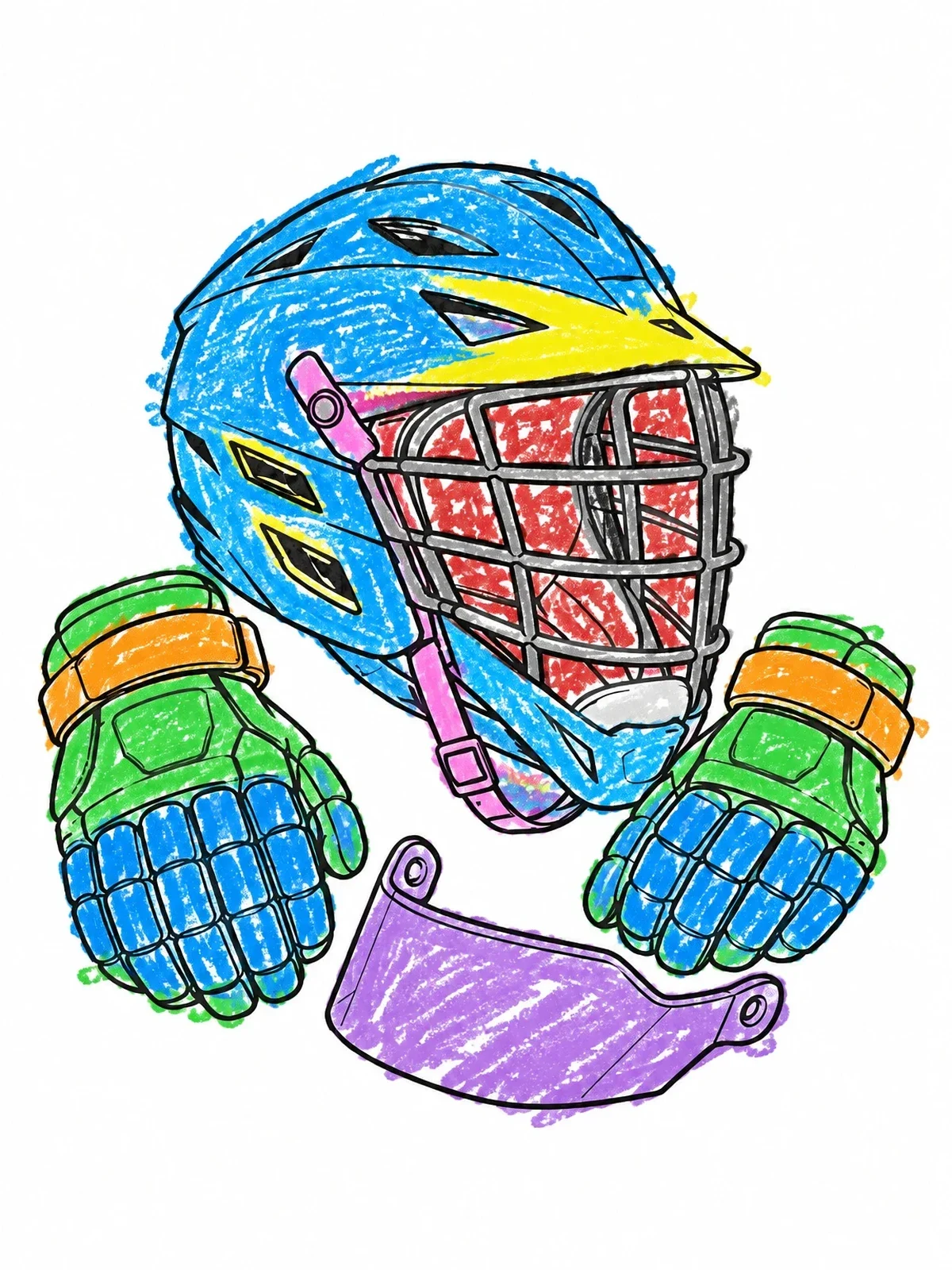 Colored example of the Lacrosse Helmet With Gloves And Visor coloring page