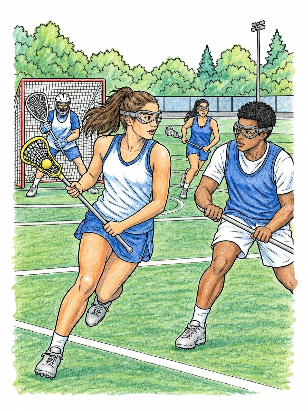 Colored example of the Lacrosse Match Action On Field coloring page