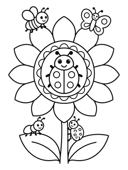 A cheerful bug coloring page featuring a ladybug, bee, and butterfly on a blooming sunflower.