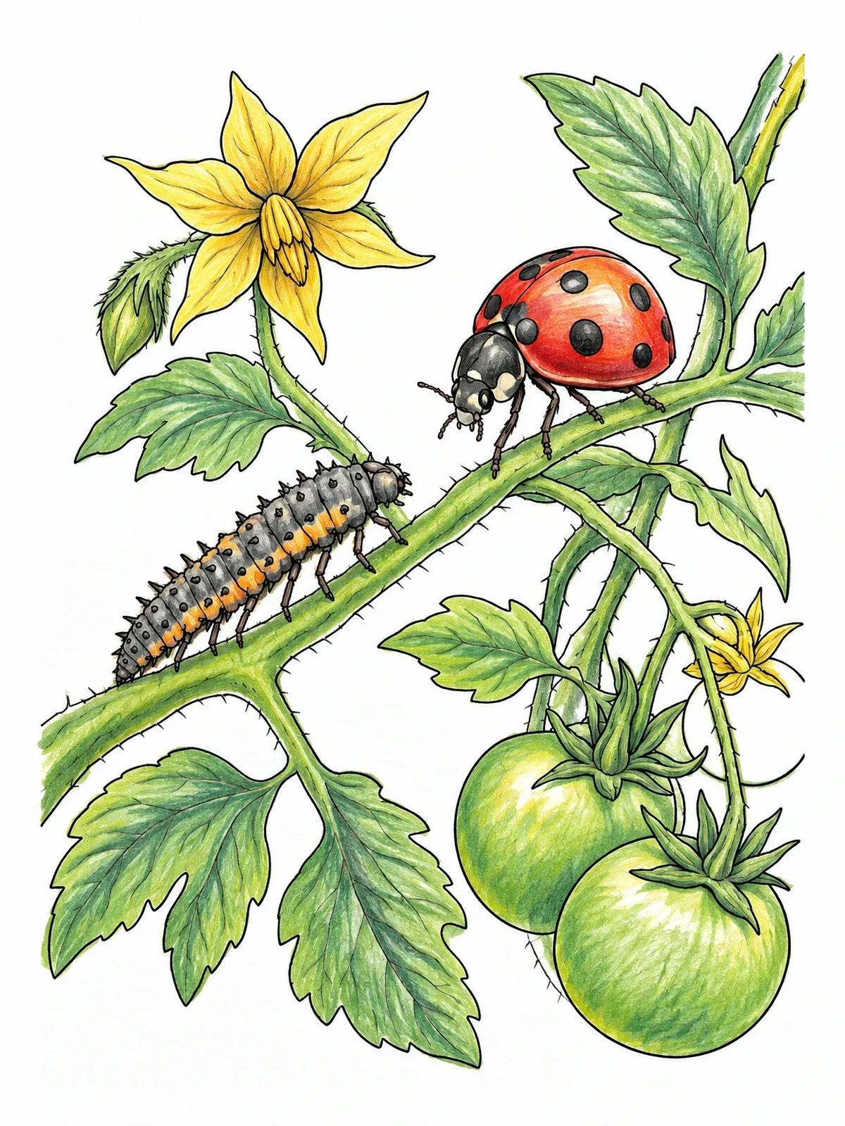Colored example of the Ladybug And Larva On Tomato Vine coloring page