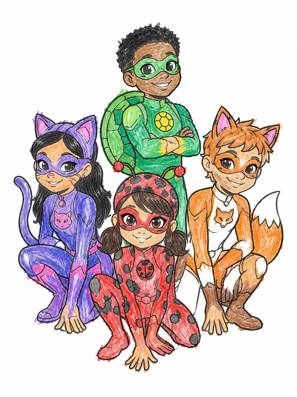 Colored example of the Animal Superhero Squad Posing Together coloring page