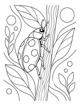 A detailed bug coloring page featuring a spotted ladybug climbing up a leafy plant stem.