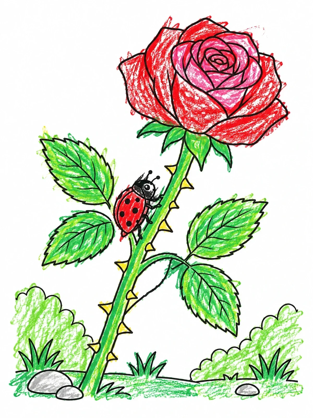 Colored example of the Ladybug Climbing A Thorny Rose coloring page