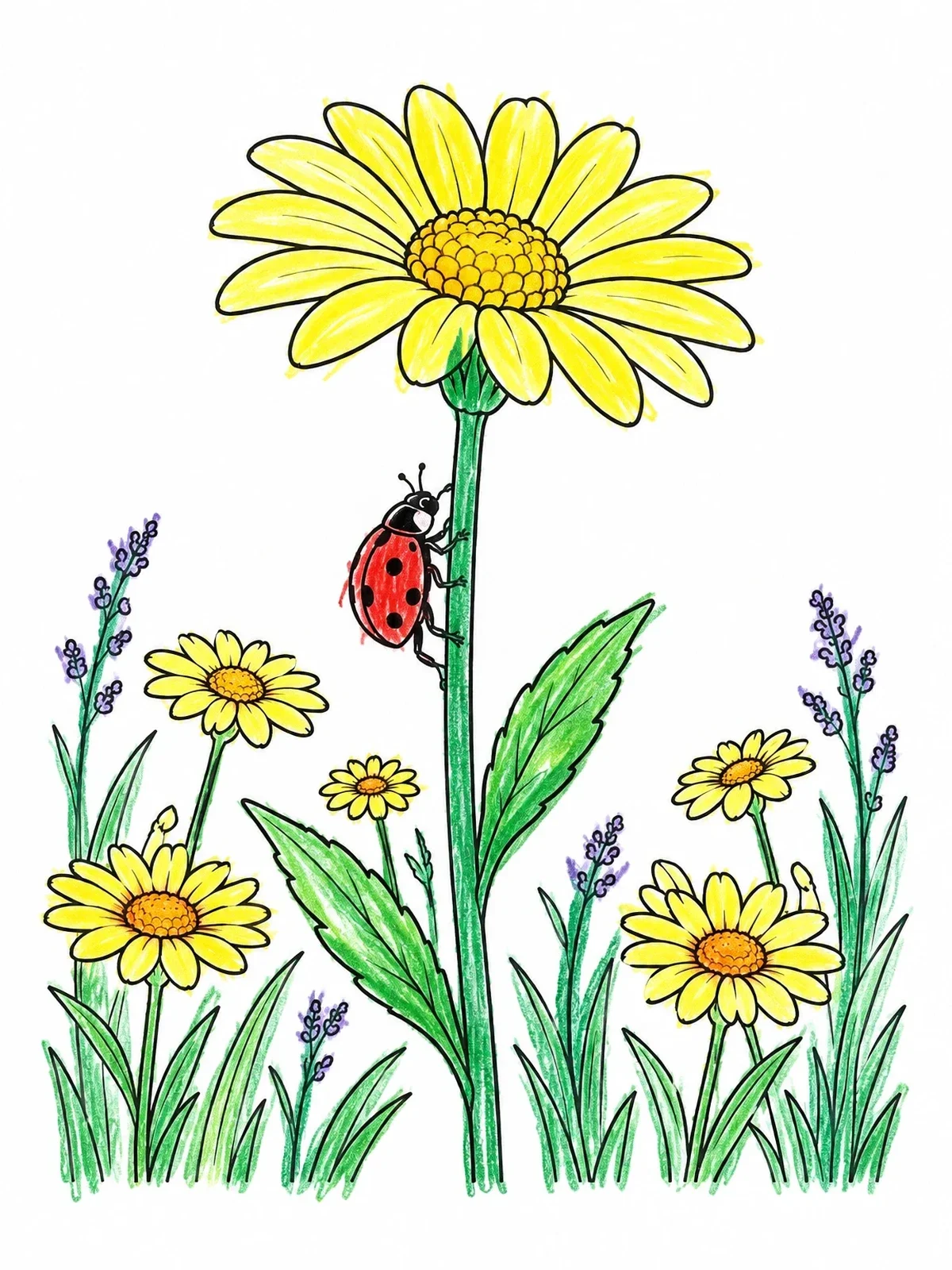 Colored example of the Ladybug On A Wild Daisy Stem coloring page