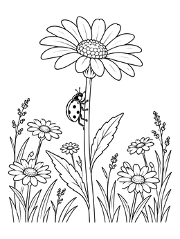 A ladybug climbs a tall stem in this detailed daisy flower coloring page set in a meadow.