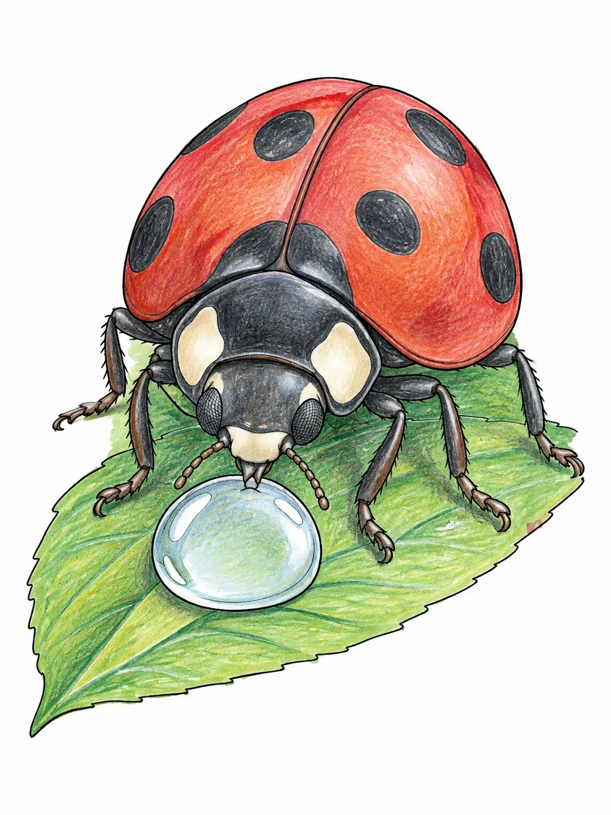 Colored example of the Ladybug Drinking Water Droplet coloring page