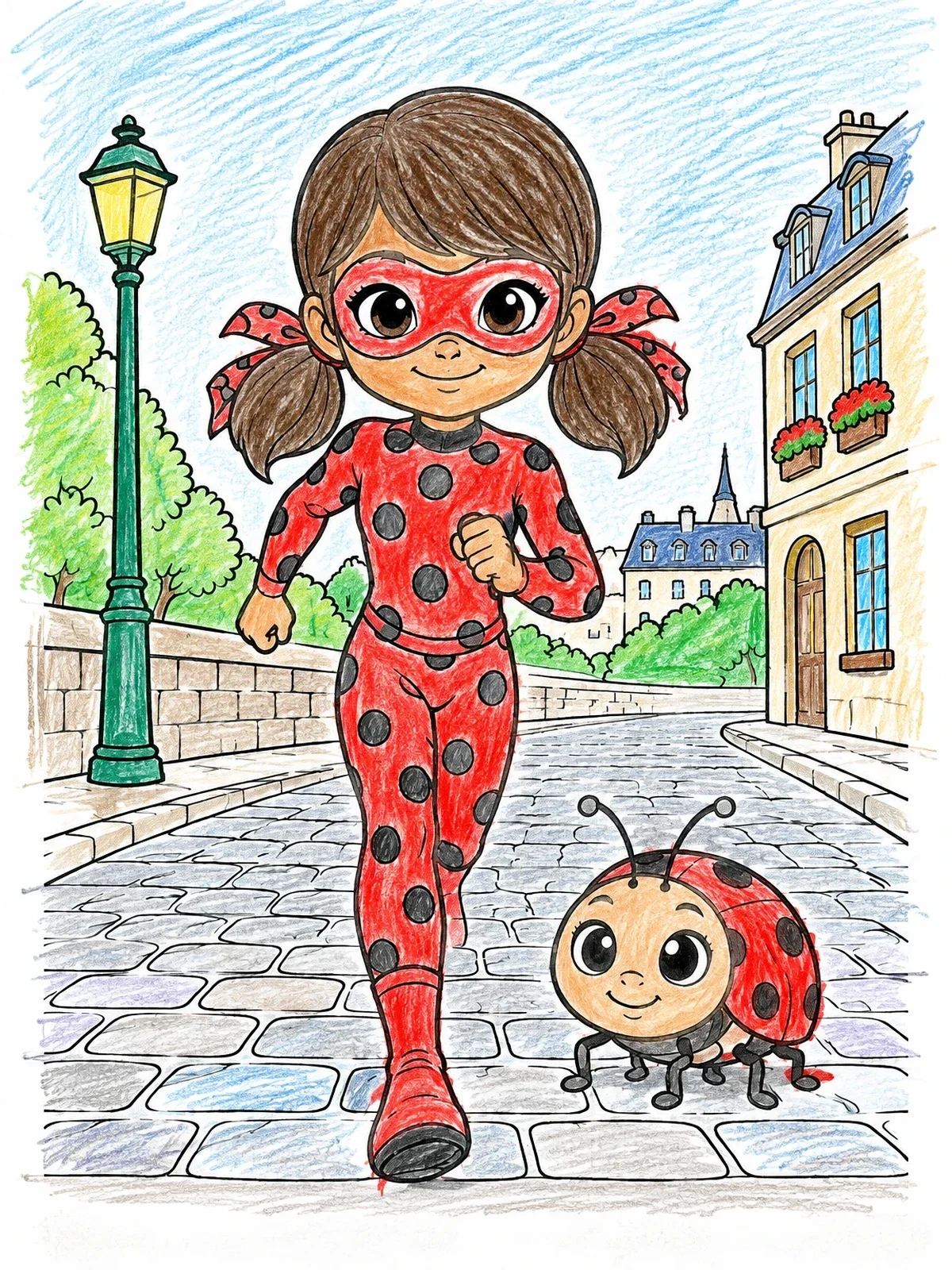 Colored example of the Ladybug Hero Running Through Town coloring page