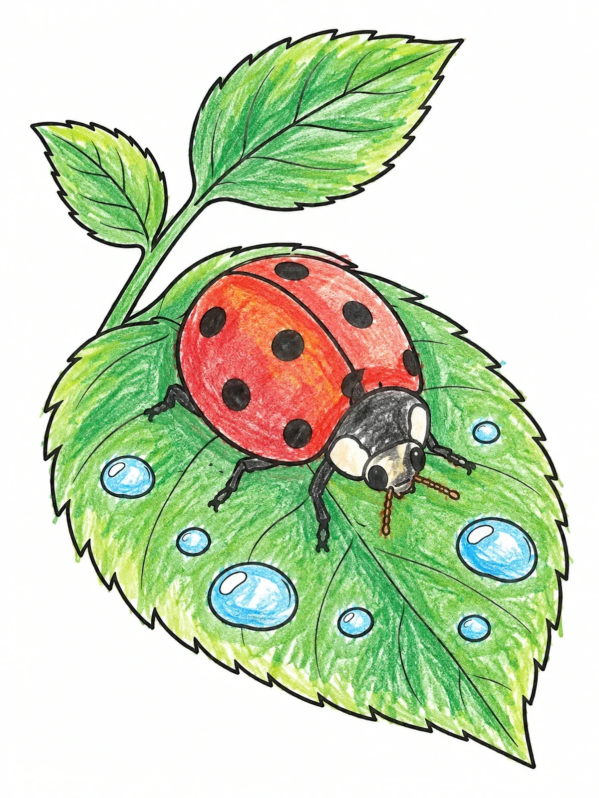 Colored example of the Ladybug Resting On Dewy Leaf coloring page