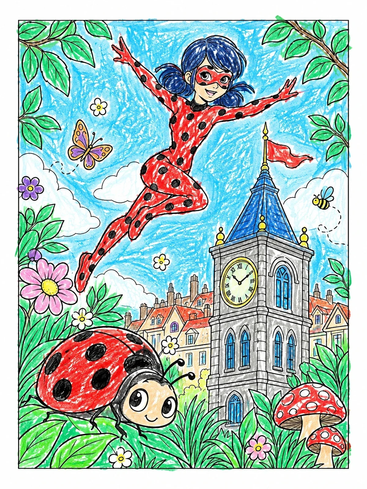 Colored example of the Ladybug Superhero Over The City coloring page