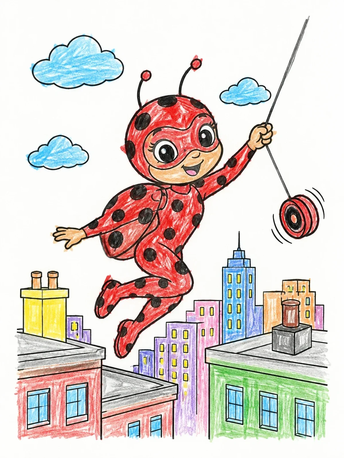 Colored example of the Ladybug Superhero Flying Over Rooftops coloring page