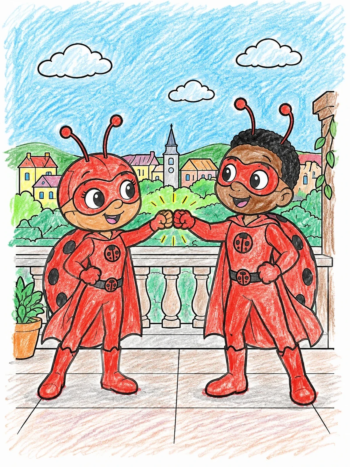 Colored example of the Ladybug Superhero Duo Fist Bump coloring page