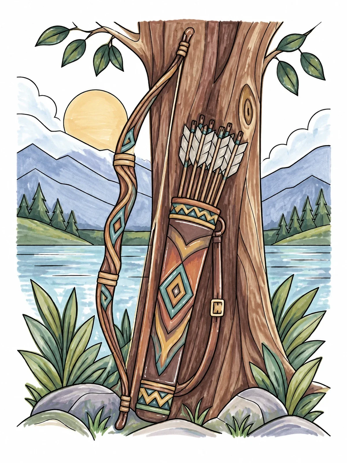 Colored example of the Decorative Bow And Quiver By A Tree coloring page