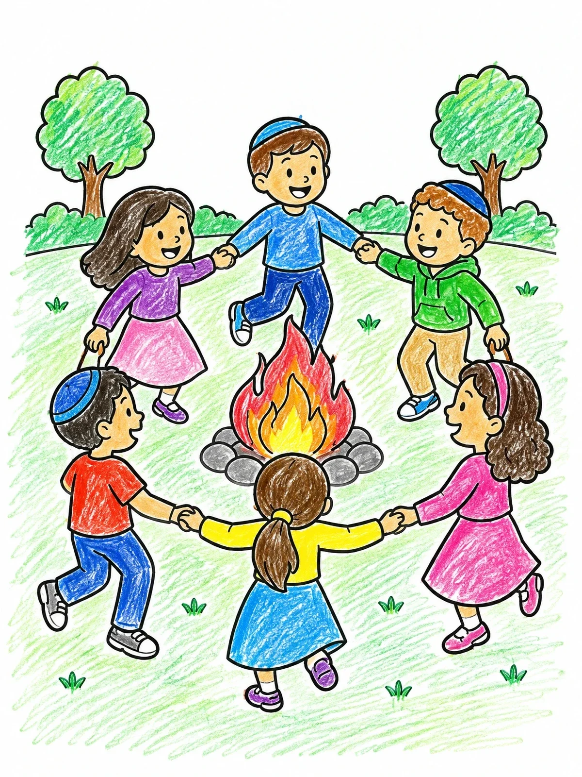 Colored example of the Children Dancing Around Campfire coloring page