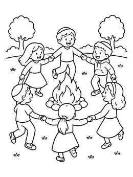 Free printable Children Dancing Around Campfire coloring page