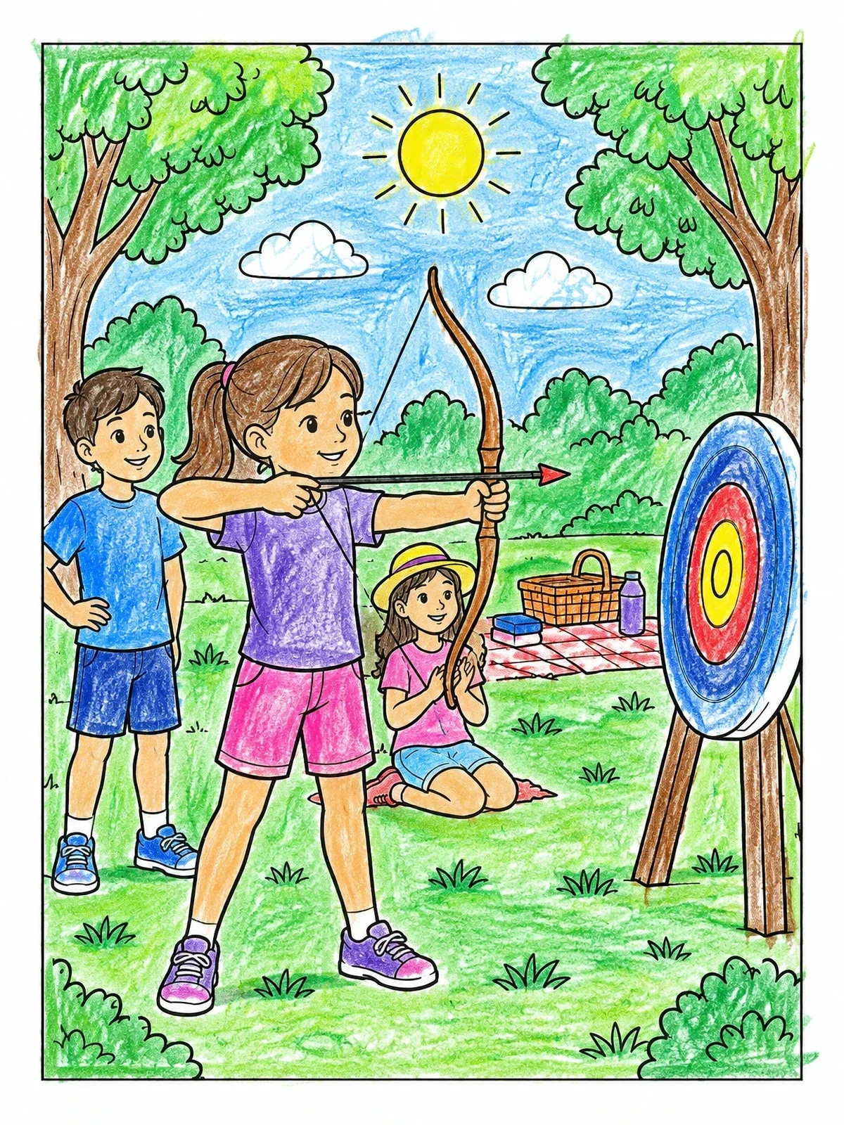 Colored example of the Children Playing Archery In The Park coloring page