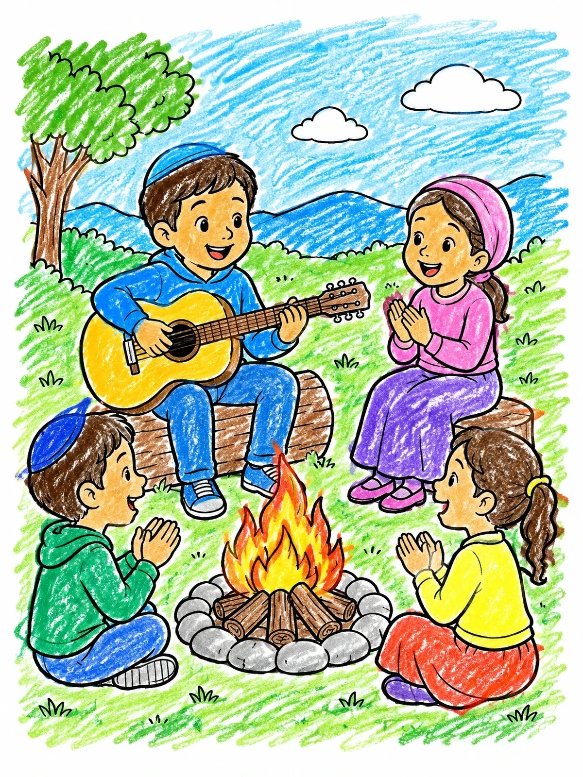 Colored example of the Children Singing Around Bonfire coloring page