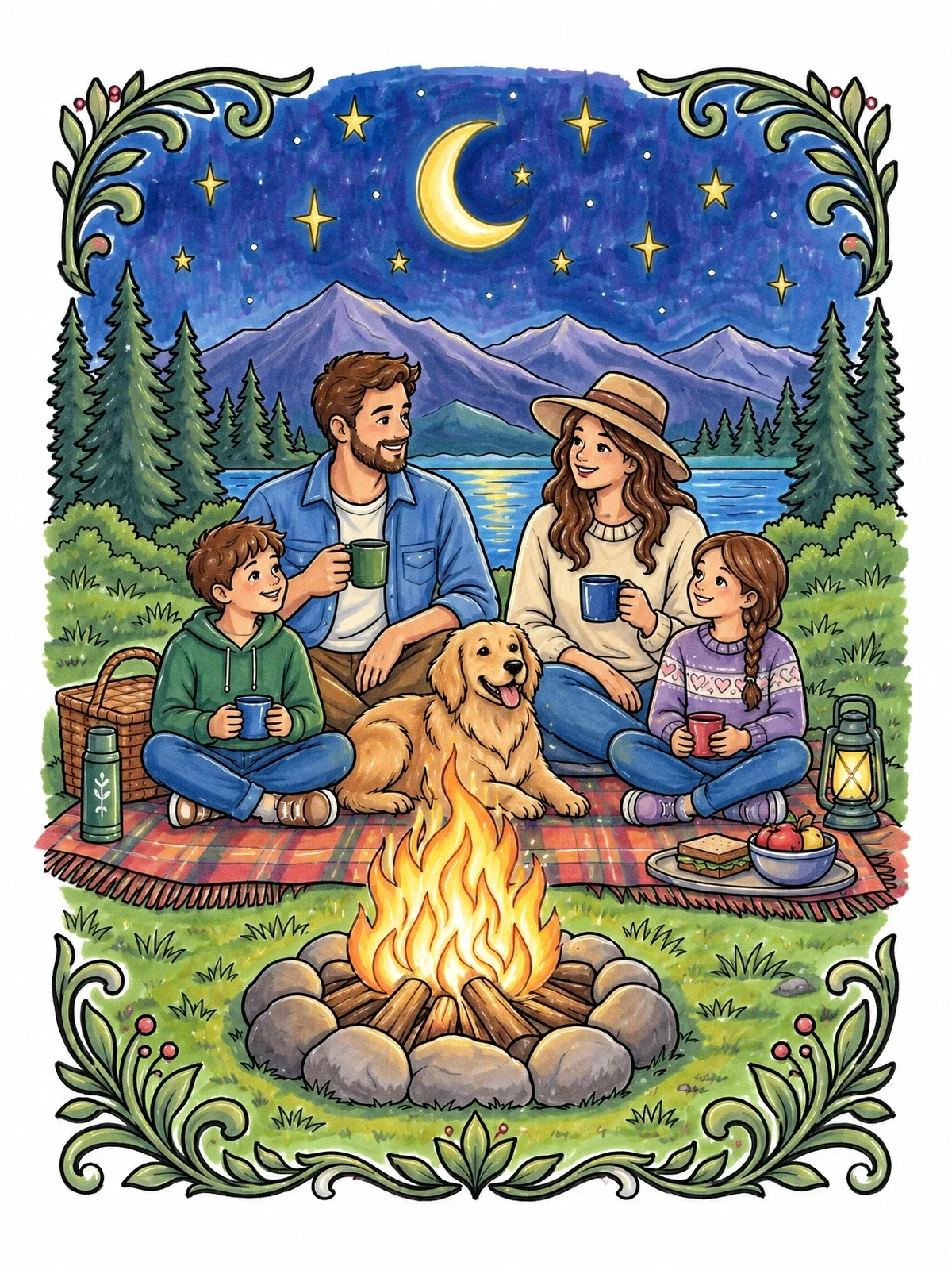 Colored example of the Family Campfire Picnic Under Stars coloring page