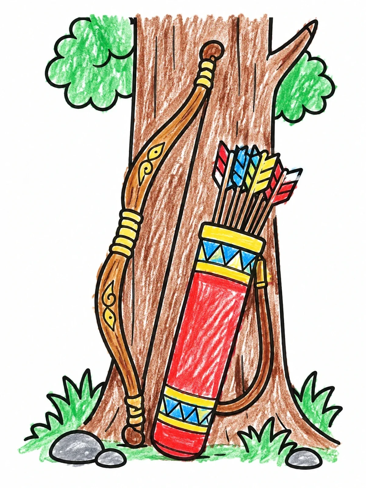 Colored example of the Wooden Bow And Quiver By Tree coloring page