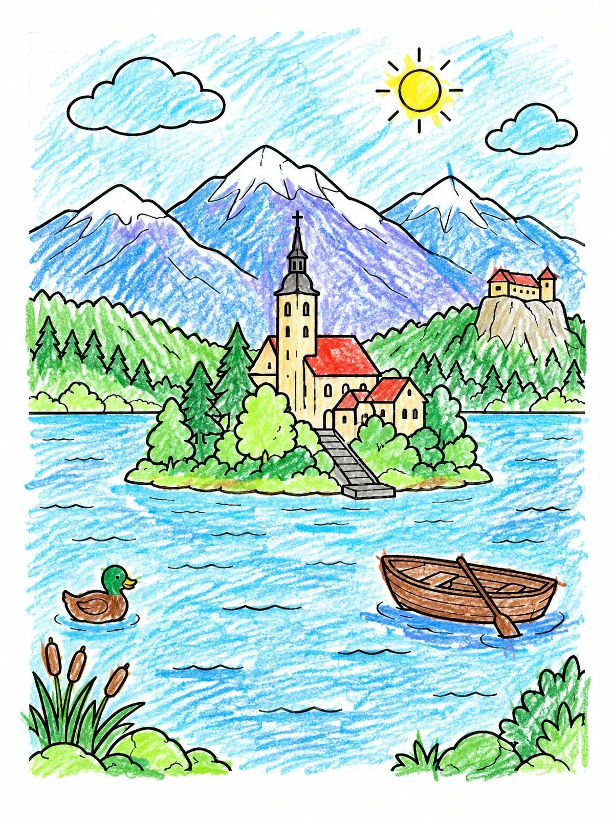 Colored example of the Scenic Lake Bled With Island Church coloring page