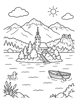 Free printable Scenic Lake Bled With Island Church coloring page