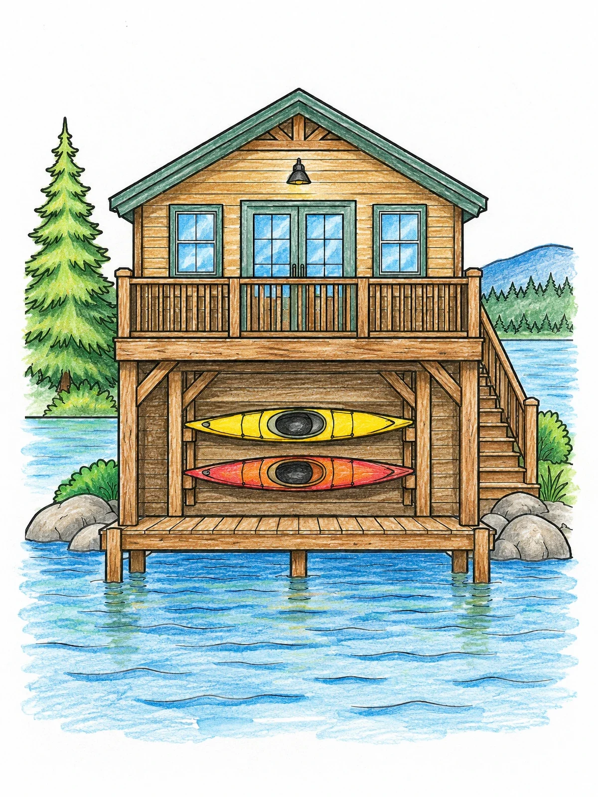 Colored example of the Lake Boathouse With Kayak Rack coloring page