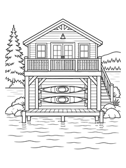 Free printable Lake Boathouse With Kayak Rack coloring page