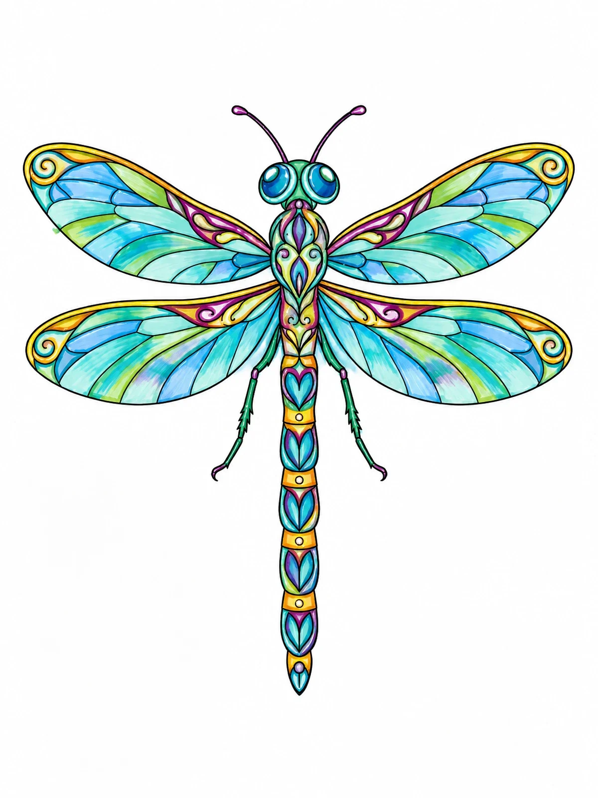 Colored example of the Intricate Dragonfly With Patterned Wings coloring page