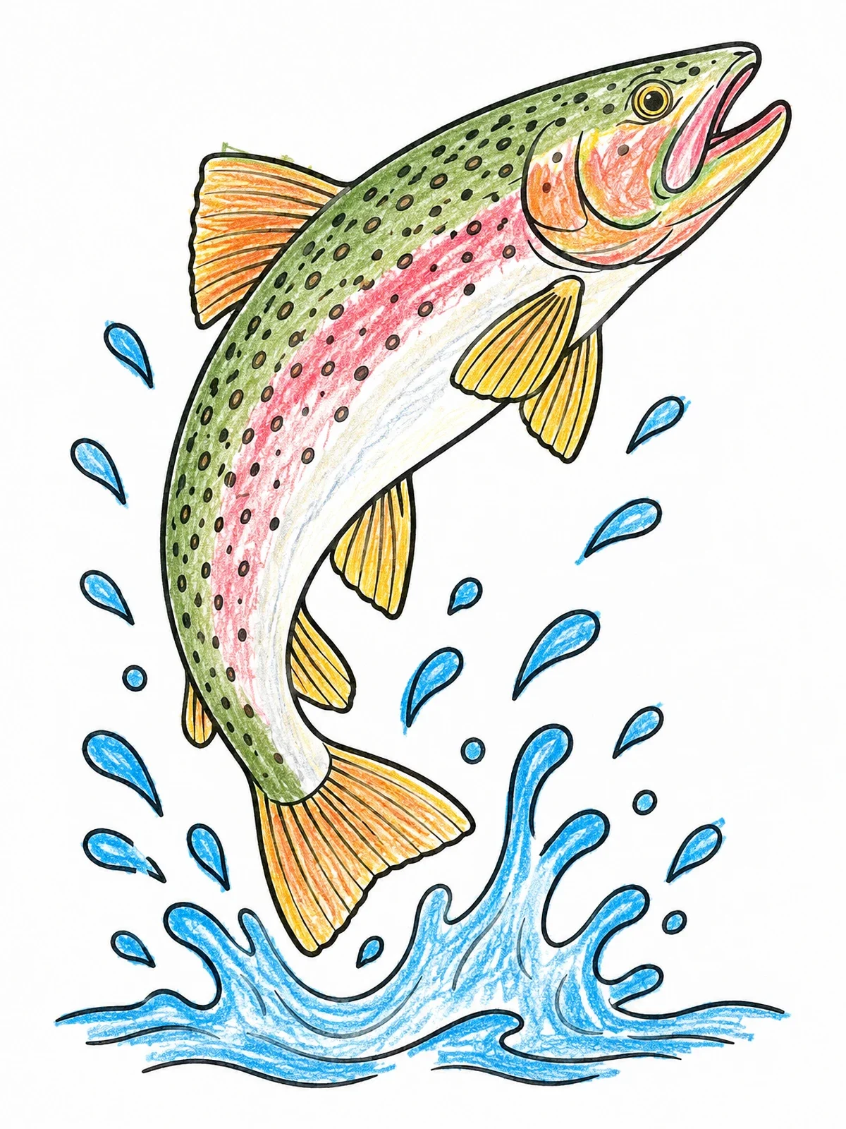 Colored example of the Leaping Freshwater Trout With Water Splash coloring page