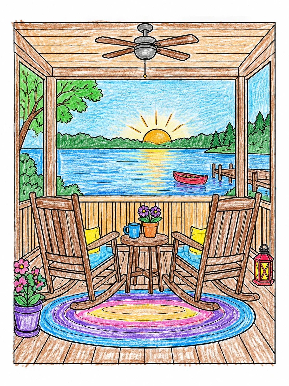 Colored example of the Lake View From The Porch coloring page