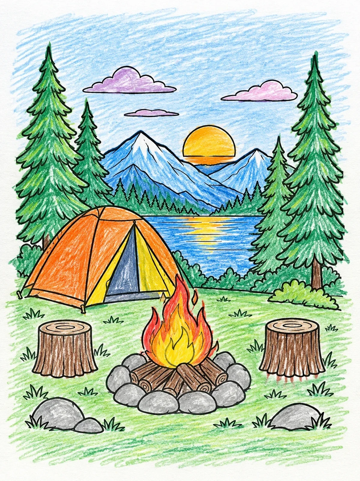 Colored example of the Lakeside Campfire Under Mountain Sunset coloring page