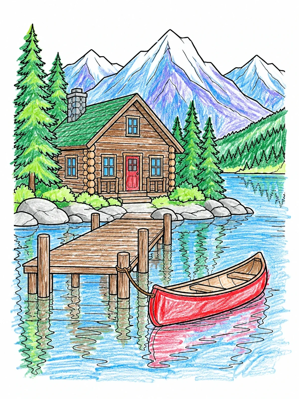 Colored example of the Lakeside Log Cabin With Canoe coloring page