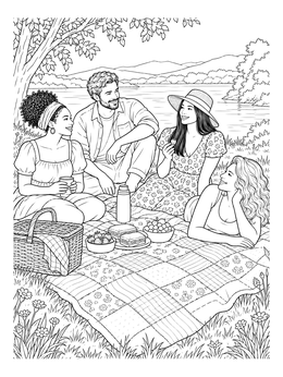 Friends gather outdoors by a lake on this quilt coloring page with picnic food and scenic trees.