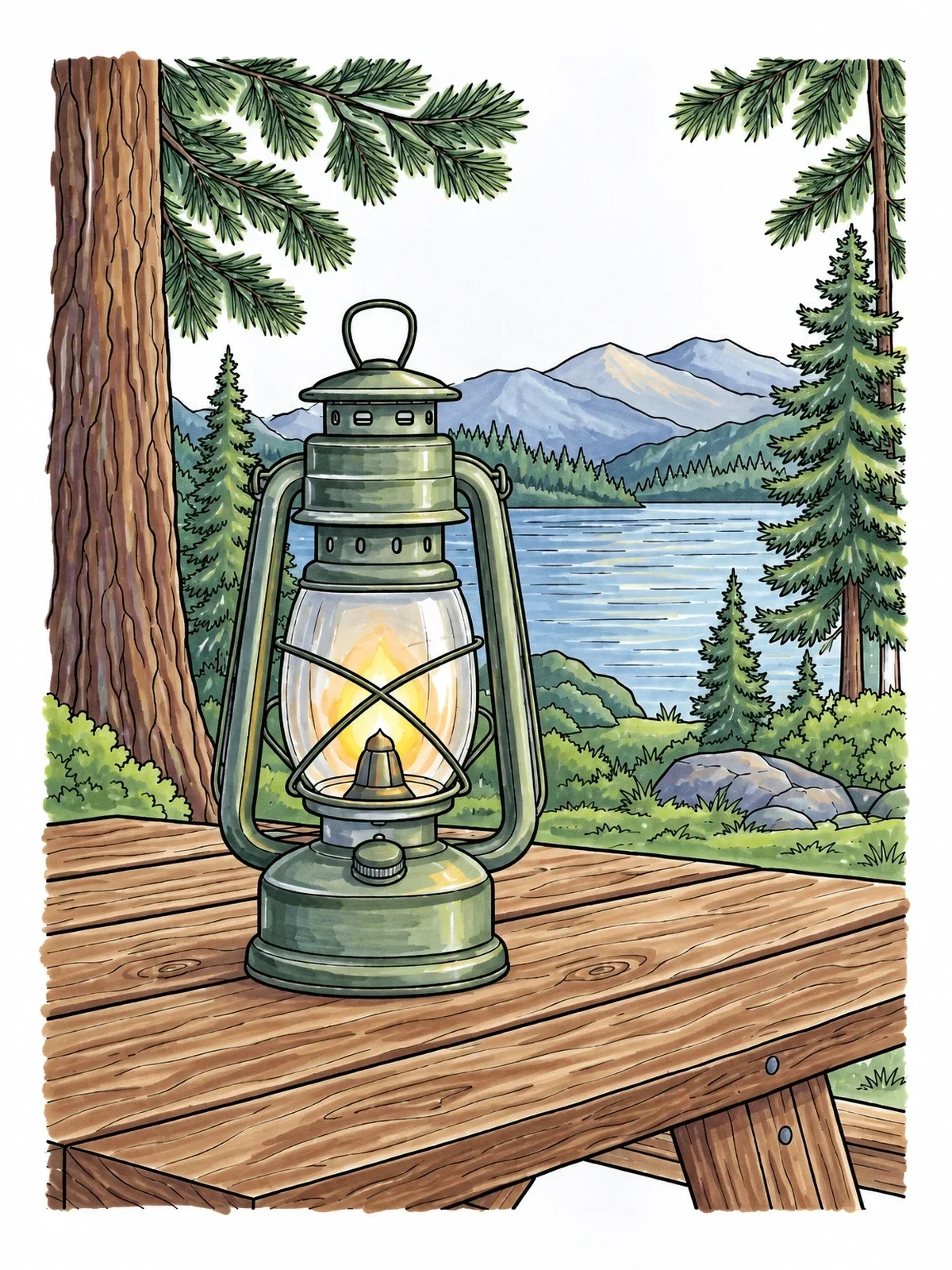 Colored example of the Camping Lantern On Picnic Table coloring page