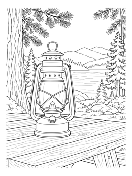 A vintage kerosene lamp coloring page standing on a wooden picnic table overlooking a scenic mountain lake.