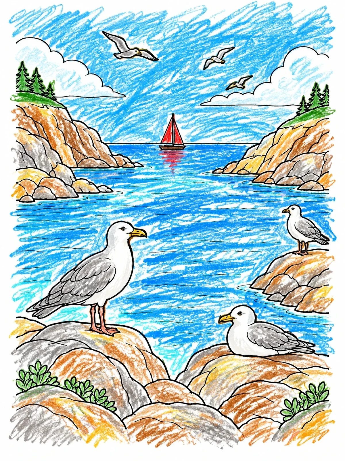 Colored example of the Coastal Bay With Resting Seabirds coloring page